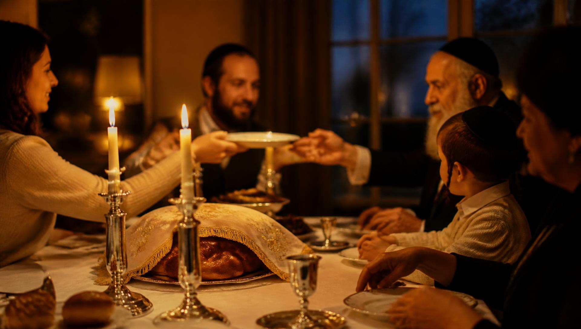 A family Shabbos table lit by candles, hands passing a dish across the table.