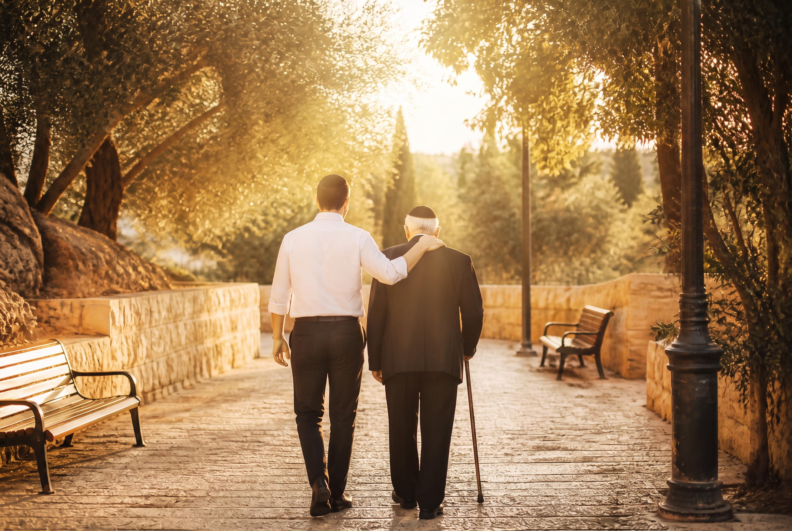 A Jewish son walking with his elderly father on a Jerusalem stone path lined with olive trees in warm morning light.